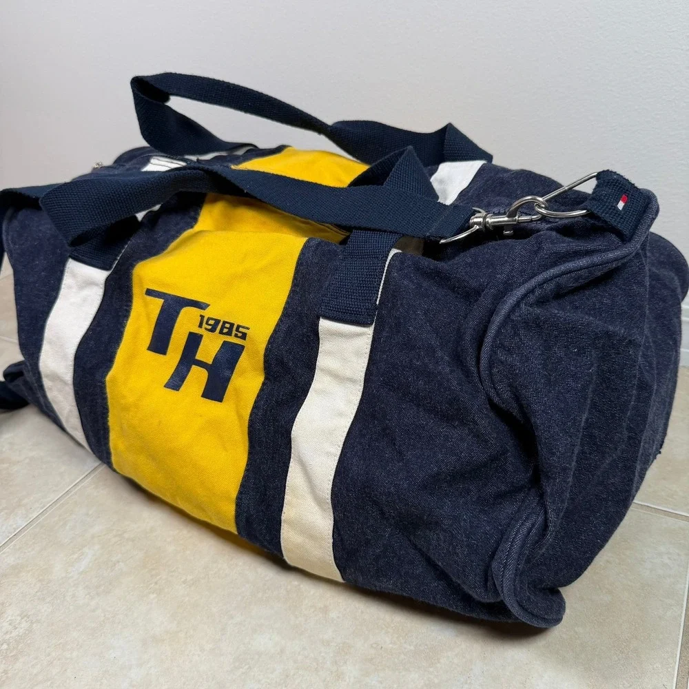 Vintage 1985 Tommy Hilfiger Duffle Bag Large Navy Yellow Denim Travel
